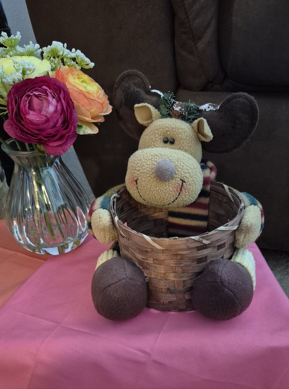Plush Moose Winter Basket Accent - Brown and Cream Decorative Holder